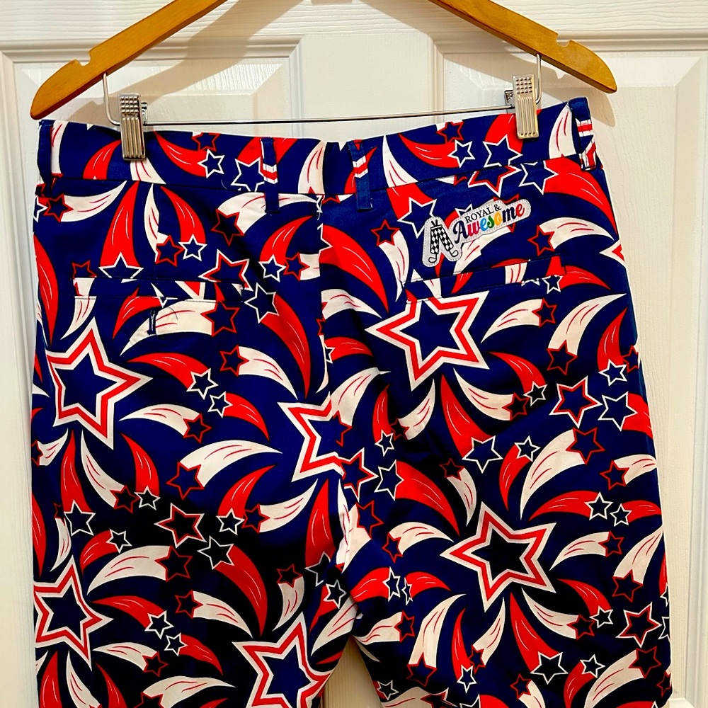 ROYAL and AWESOME SIZE 34 Shooting Pars Golf Shorts Red/White/Blue Cotton